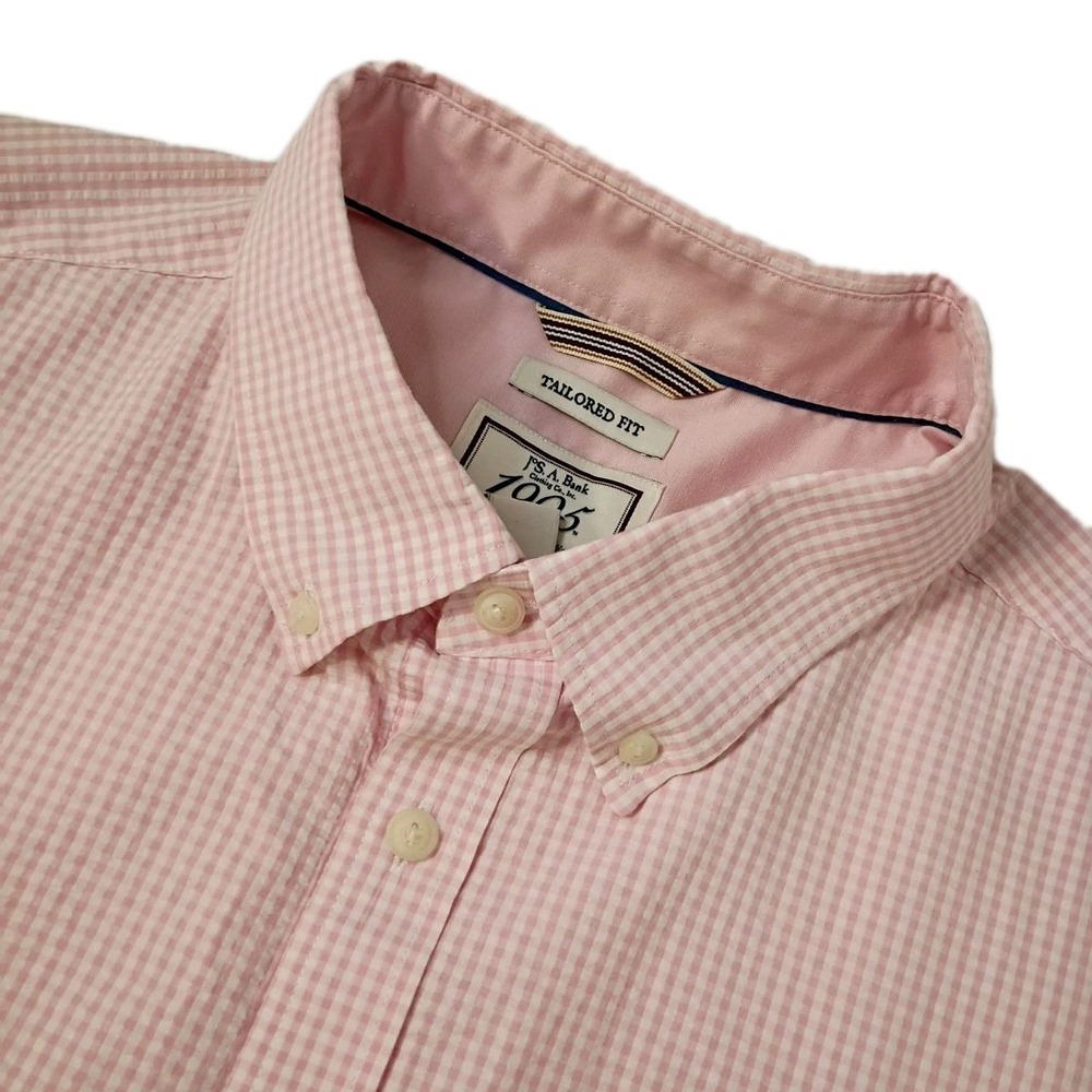 Jos. A. Bank Button Down Shirt Mens XL Pink Gingham Check Seersucker Tailored SS